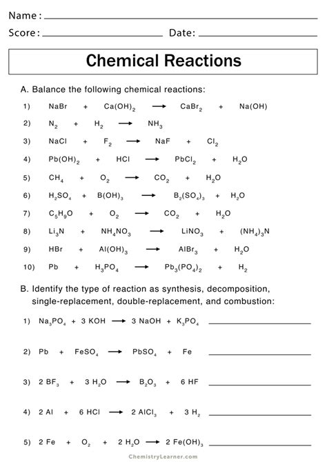chemical reactions worksheet answers pdf
